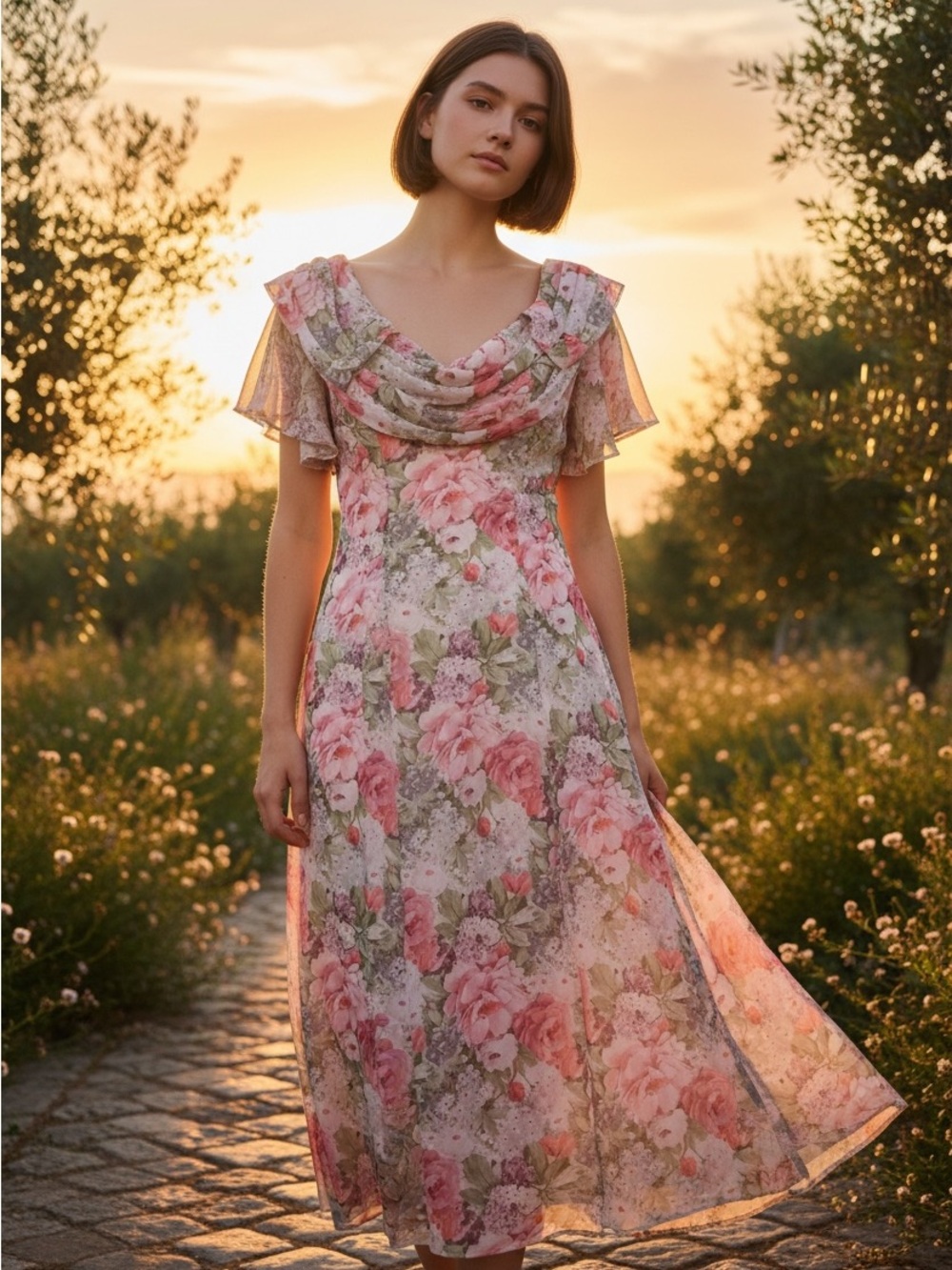 VTG Lanz Originals Chiffon Dress Floral Maxi Cottage Romantic USA 80s 90s SZ-6/8